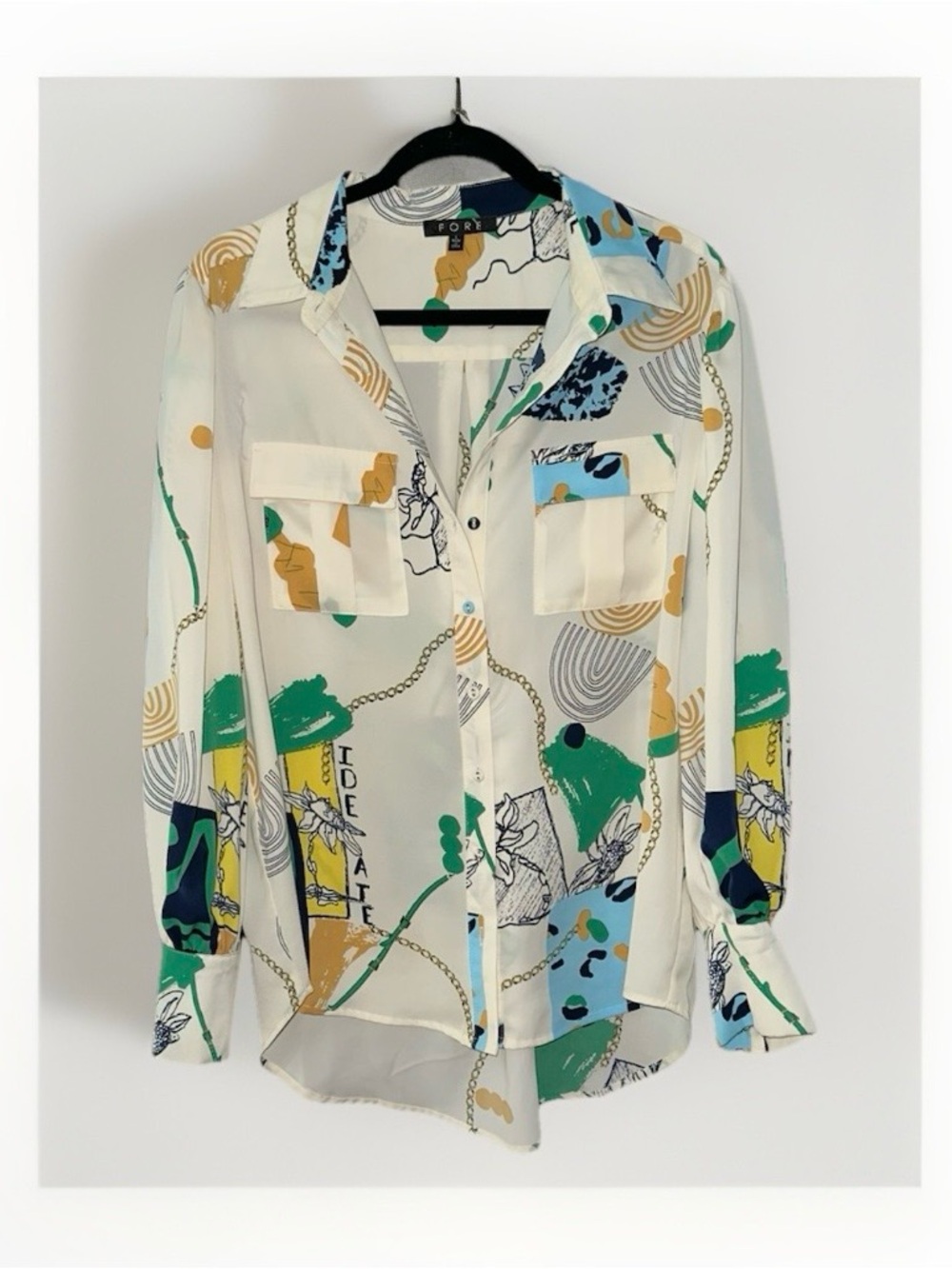 FORE Women's Satin-feel‎ Abstract Print Long-sleeve Blouse Size L